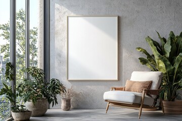 Poster Frame in Beige minimalist living room interior created with generative AI