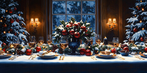 A festive Christmas table setting with a snowy backdrop. Red apples and holly adorn the table, and a snow-covered tree sits in the background.