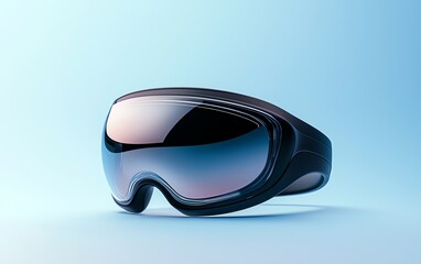 High-tech virtual reality headset with sleek design in blue light on a soft gradient background. Perfect for technology and gaming concepts.