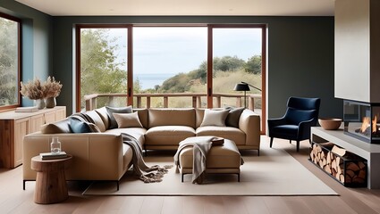 Imagine a serene and stylish living space designed for relaxation and connection with nature