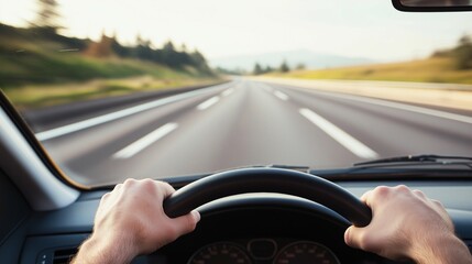 Open Road Ahead: A driver's perspective, hands gripping the steering wheel, the road stretching endlessly before them. A sense of freedom and possibility fills the frame. 