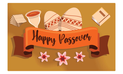 Celebrate the Passover holiday. Spring floral background with wine, eggs, bible and matzah. Passover Day concept. Flat vector illustration.