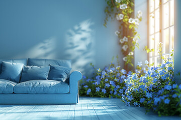 A bright, modern blue living room with a blurred panorama featuring a sofa and flowers 