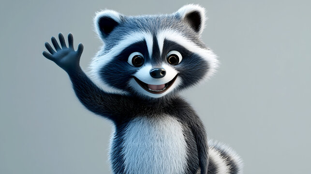 cute, animated raccoon character, waving and smiling with a friendly expression