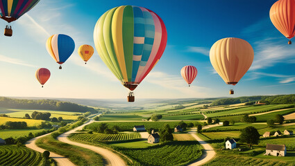 Fototapeta premium Sky High: Balloons and Farmlands Below