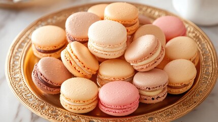 A beautiful arrangement of macarons on a gold-rimmed platter, with a few macarons broken open to reveal their creamy filling.
