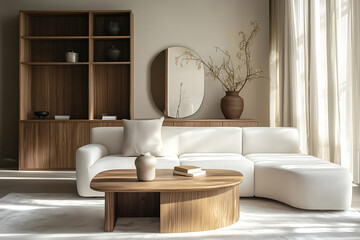 Modern minimalist living room with white sofa and wooden accents in natural light