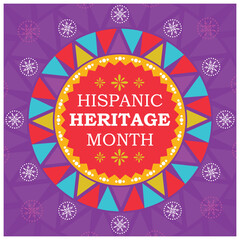Cultural Heritage Month text inside a circle. Colorful triangular flag with purple background. Hispanic Heritage Month concept. Flat vector illustration.