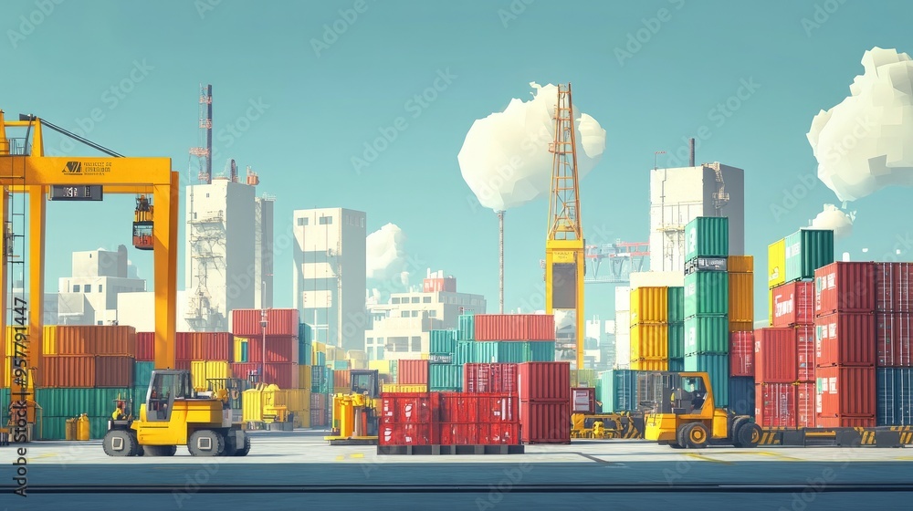 Poster a busy port scene with rows of colorful shipping containers, cranes, forklifts, and port workers in 