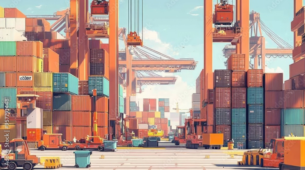 Poster a busy port scene with rows of colorful shipping containers, cranes, forklifts, and port workers in 