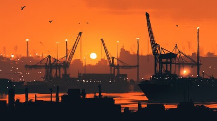 Obraz premium A busy port at dusk, with cranes silhouetted against the orange sky and lights beginning to illuminate the harbor.