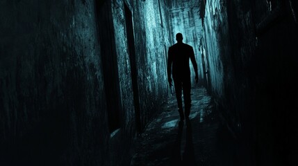 Silhouette of a Man Walking Down a Dark Alley.