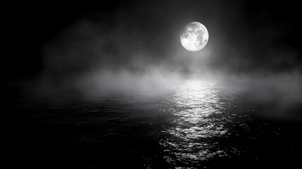 dark, reflective sea surface under the soft light of a full moon