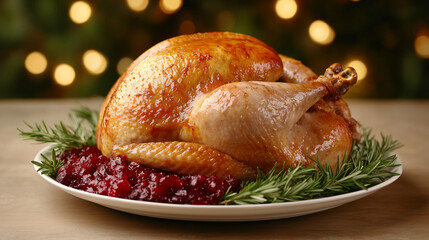 Juicy roasted turkey with golden brown skin, served with cranberry sauce, festive and traditional