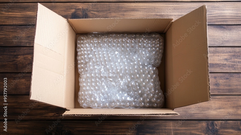 Poster a cardboard box opened with bubble wrap visible inside, sitting on a wood-textured table