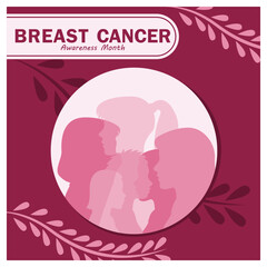 Women celebrate breast cancer awareness month. Women of various ethnicities stand side by side. Breast cancer awareness month concept. Flat vector illustration.
