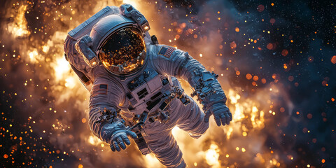 An astronaut floats through space, surrounded by a fiery explosion.
