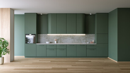 Green Modern kitchen design have wood floor  in room space and green plant,3D rendering