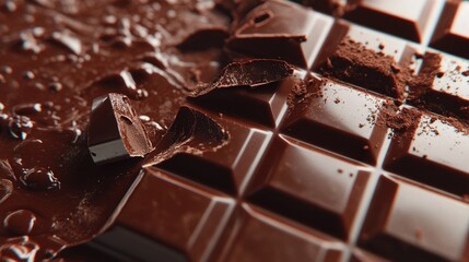 A close-up of a chocolate bar with a smooth, glossy surface and a few pieces broken off, revealing its texture. -