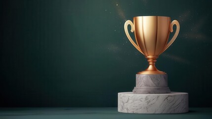 A golden cup trophy on a marble pedestal, surrounded by shimmering light particles, capturing a moment of triumph, Realistic, Photography
