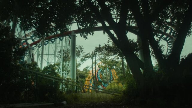 Empty Roller Coaster Rides Of A Lost Theme Park. Static Shot