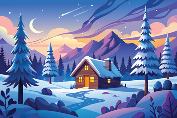 Fototapeta premium A serene snowy landscape with evergreen trees, a snow-covered cabin, and softly falling snowflakes, set against a twilight sky with a glowing moon