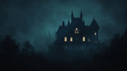 Mysterious Haunted House in the Fog at Night.