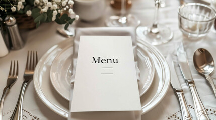 Festive table for a wedding or a special event with a menu card mockup written Menu on a plate with wine glass and silverware