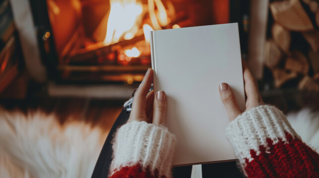 People hands holding a white book mock-up with copy space in front of a beautiful beach , read a book on the beach in summer concept image