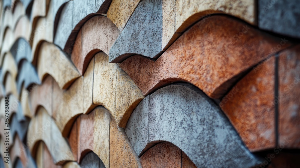 Poster a close-up of decorative brickwork with unique patterns and colors, used as a feature wall in a mode