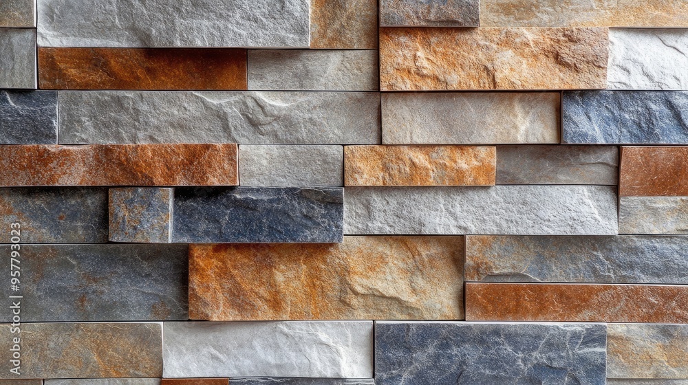 Poster a close-up of decorative brickwork with unique patterns and colors, used as a feature wall in a mode