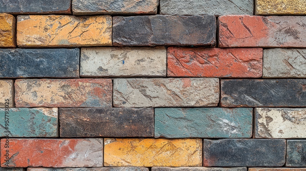 Aufkleber a close-up of decorative brickwork with unique patterns and colors, used as a feature wall in a mode