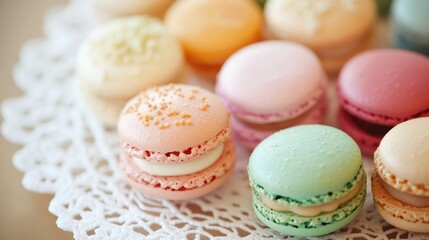 Obraz premium A close-up of macarons in various pastel shades, neatly arranged on a delicate lace doily for a refined presentation.
