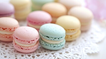 Obraz premium A close-up of macarons in various pastel shades, neatly arranged on a delicate lace doily for a refined presentation.