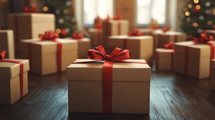 A cluster of cardboard boxes tied with a red ribbon, suggesting a holiday theme of gifts and surprises.