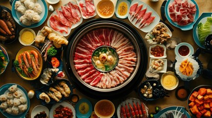 A beautifully arranged table with a hot pot at the center, surrounded by colorful platters of sliced meats, seafood, vegetables, and assorted sauces for dipping