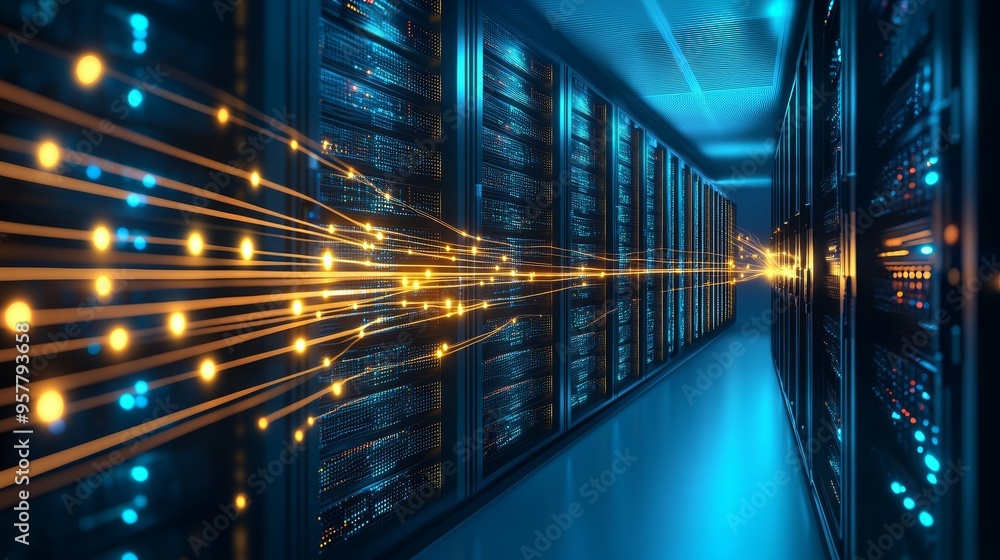 Aufkleber high-tech data center with glowing server racks and interconnected network cables, showcasing advanc