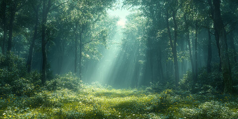 Obraz premium Sunbeams pierce through the dense fog in a lush forest, creating a magical atmosphere.