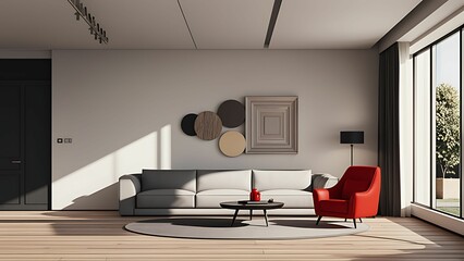 Mockup Sleek Modern Sitting Area Featuring a Bold Red Chair Against Elegant Dark Walls and Decor. Interior Background