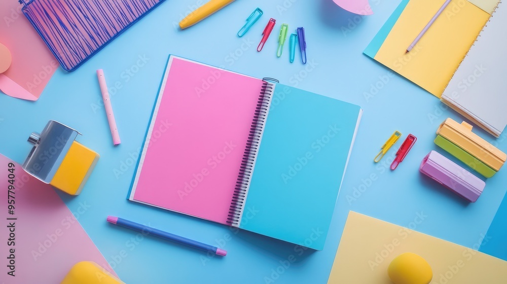 Poster a creative workspace featuring an open multicolored notebook with sketches and notes, surrounded by 