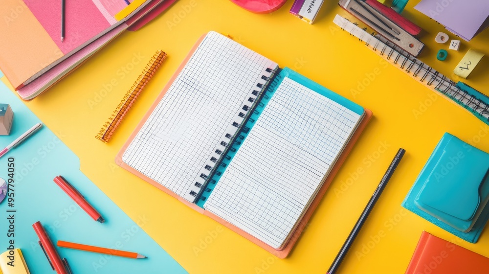 Poster a creative workspace featuring an open multicolored notebook with sketches and notes, surrounded by 