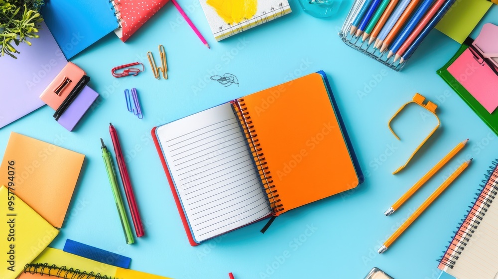 Poster a creative workspace featuring an open multicolored notebook with sketches and notes, surrounded by 