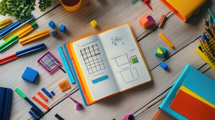 A creative workspace featuring an open multicolored notebook with sketches and notes, surrounded by colorful stationery items.