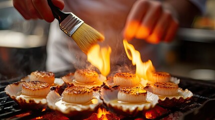 A chef grilling scallops in shells over an open flame, basting them with a brush and olive oil, creating a perfect golden crust for a gourmet dish.