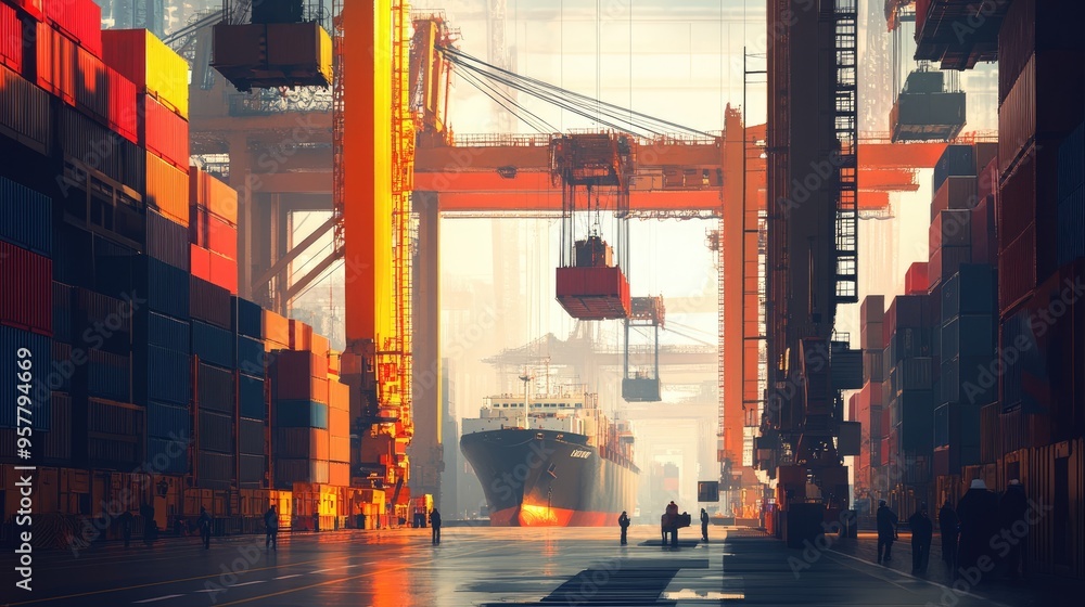 Poster a dynamic scene of a cargo ship being unloaded by cranes, with containers stacked high and port work