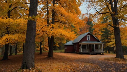 Fototapeta premium A quaint red house surrounded by vibrant autumn foliage in a serene forest setting during fall