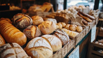 A display of assorted bread types, including sourdough, rye, and white bread, arranged in a bakery showcase. -