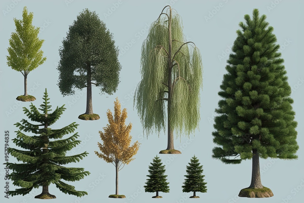 Aufkleber 3d top view tree illustration bundle of pinus pinaster willow and loblolly pine for digital design a