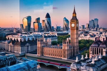 Obraz premium Artistic Double Exposure Collage Showcasing London's Iconic Landmarks and Vibrant Culture