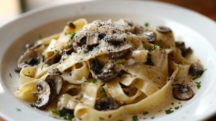 A gourmet plate of pappardelle pasta with wild mushroom sauce, truffle oil drizzle, and a sprinkle of Parmesan